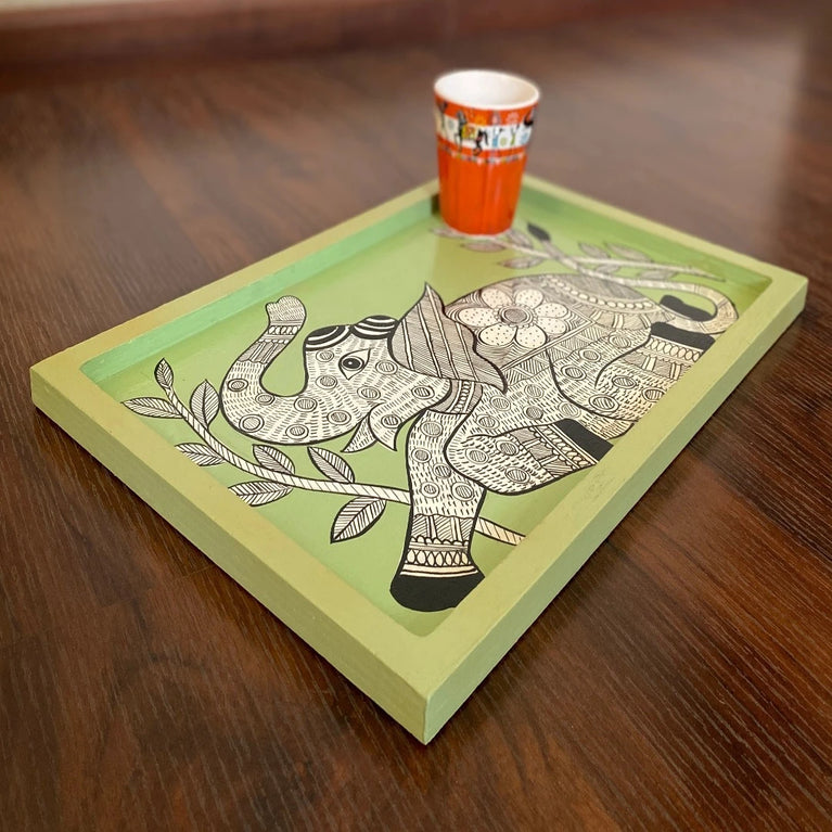 Handpainted Wooden Wall Plate - Tray - Madhubani Elephant