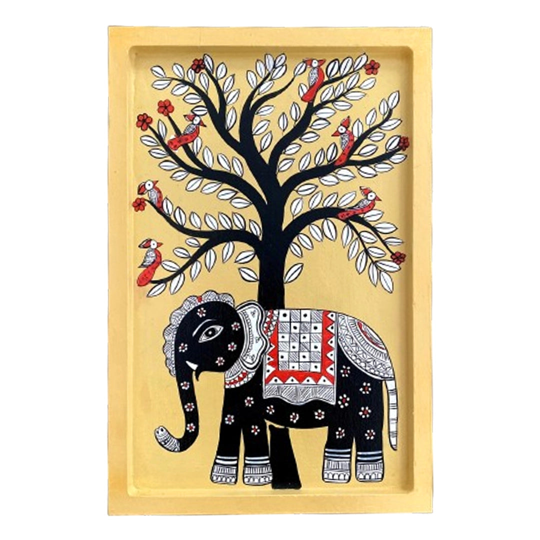 Handpainted Wooden Wall Plate - Tray - Madhubani Elephant