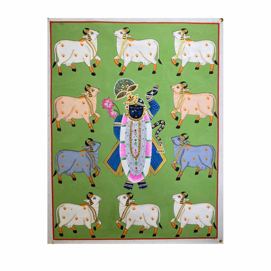 Rajasthani Pichwai Painting Shrinathji with Cows(Kamdhenu) Nathdwara Green Background