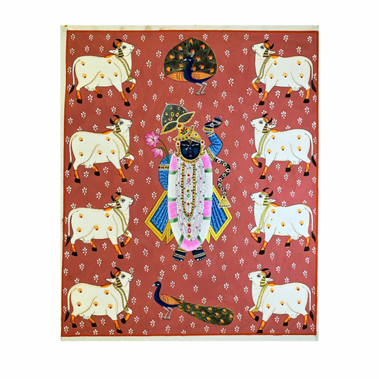 Rajasthani Pichwai Painting Shrinathji with Cows(Kamdhenu) Nathdwara Peach background