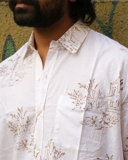 Hand Blockprinted Cotton Half Sleeve Shirt for Men - Regular Fit -White