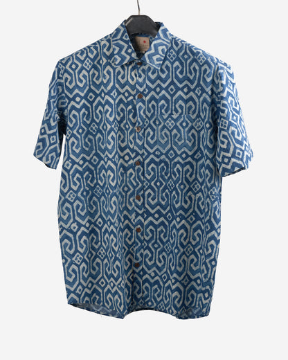 Hand Blockprinted Cotton Half Sleeve Shirt for Men - Regular Fit - Indigo Blue