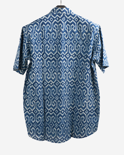 Hand Blockprinted Cotton Half Sleeve Shirt for Men - Regular Fit - Indigo Blue