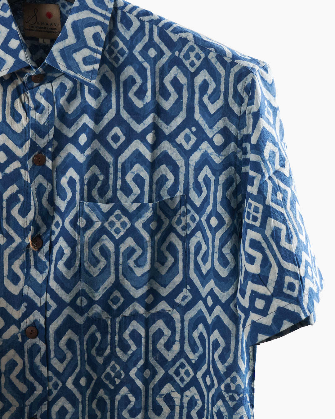 Hand Blockprinted Cotton Half Sleeve Shirt for Men - Regular Fit - Indigo Blue
