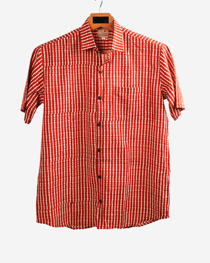Hand Blockprinted Cotton Half Sleeve Shirt for Men - Regular Fit - Red Stripes
