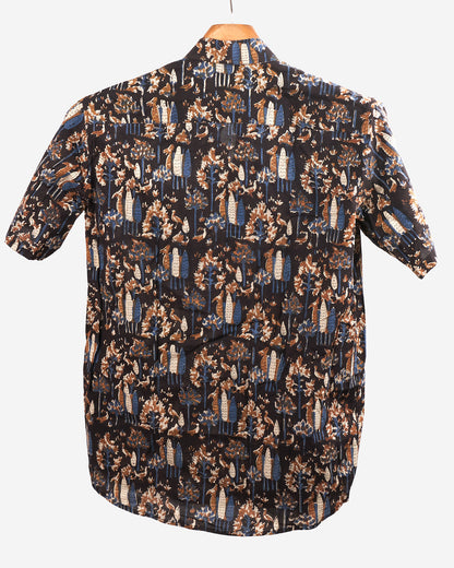 Hand Blockprinted Cotton Half Sleeve Shirt for Men - Regular Fit - Black