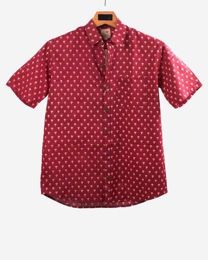 Hand Blockprinted Cotton Half Sleeve Shirt for Men - Regular Fit - Red Small Print