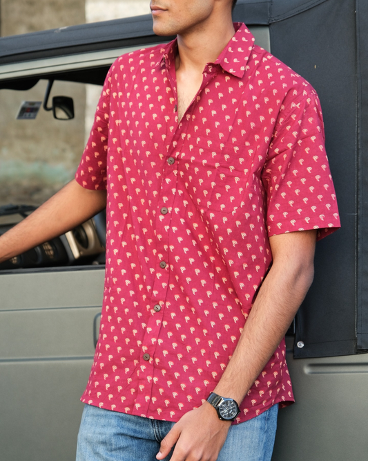 Hand Blockprinted Cotton Half Sleeve Shirt for Men - Regular Fit - Red Small Print