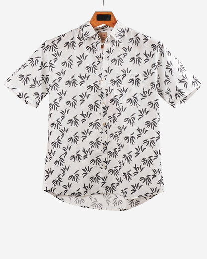 Hand Blockprinted Cotton Half Sleeve Shirt for Men - Regular Fit - White Dark Grey Floral