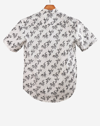 Hand Blockprinted Cotton Half Sleeve Shirt for Men - Regular Fit - White Dark Grey Floral