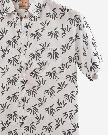 Hand Blockprinted Cotton Half Sleeve Shirt for Men - Regular Fit - White Dark Grey Floral