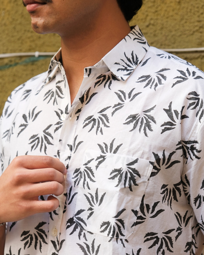 Hand Blockprinted Cotton Half Sleeve Shirt for Men - Regular Fit - White Dark Grey Floral
