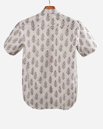 Hand Blockprinted Cotton Half Sleeve Shirt for Men - Regular Fit - White