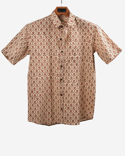 Hand Block printed Cotton Half Sleeve Shirt for Men - Regular Fit - Beige