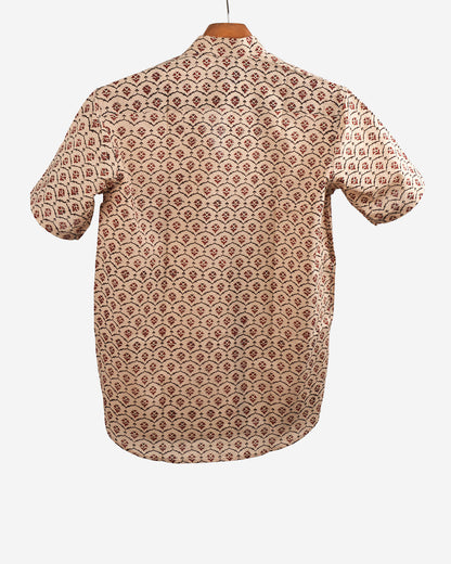 Hand Block printed Cotton Half Sleeve Shirt for Men - Regular Fit - Beige