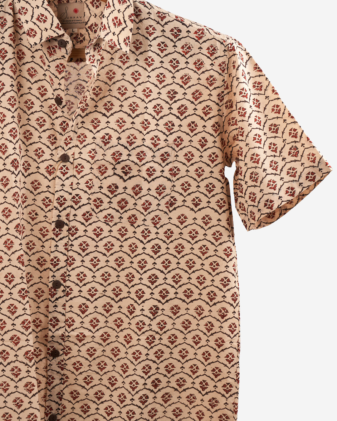 Hand Block printed Cotton Half Sleeve Shirt for Men - Regular Fit - Beige