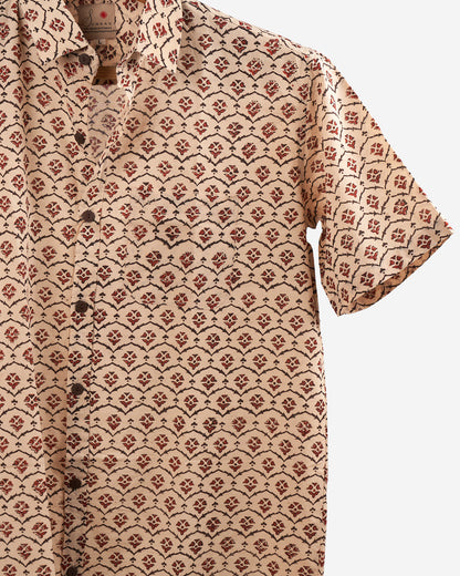 Hand Block printed Cotton Half Sleeve Shirt for Men - Regular Fit - Beige