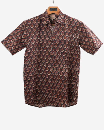 Hand Blockprinted Cotton Half Sleeve Shirt for Men - Regular Fit -Black Floral