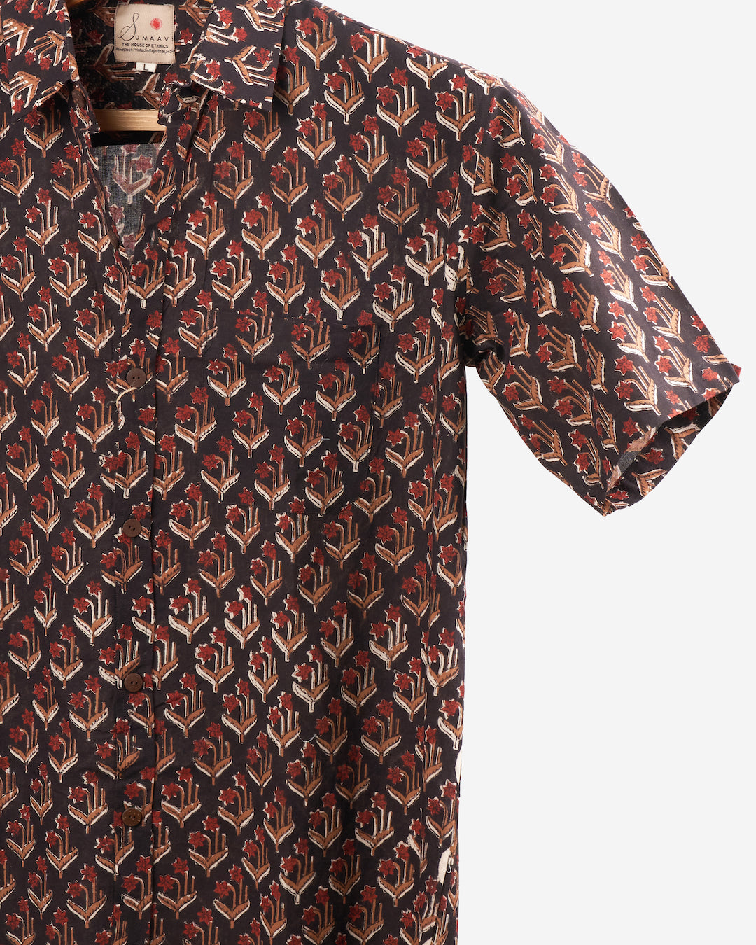 Hand Blockprinted Cotton Half Sleeve Shirt for Men - Regular Fit -Black Floral