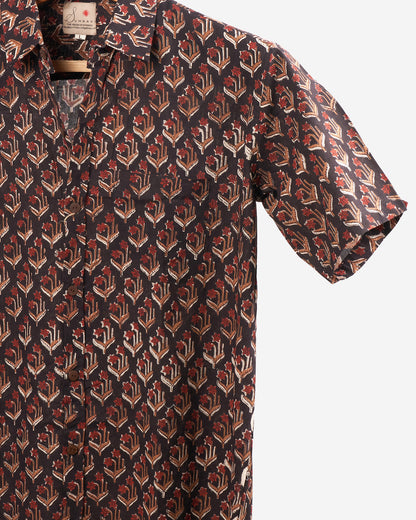 Hand Blockprinted Cotton Half Sleeve Shirt for Men - Regular Fit -Black Floral
