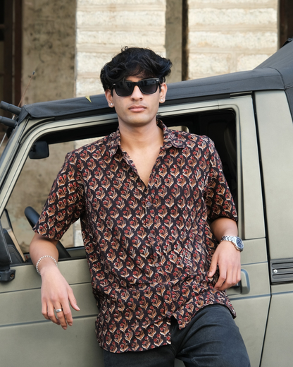 Hand Blockprinted Cotton Half Sleeve Shirt for Men - Regular Fit -Black Floral
