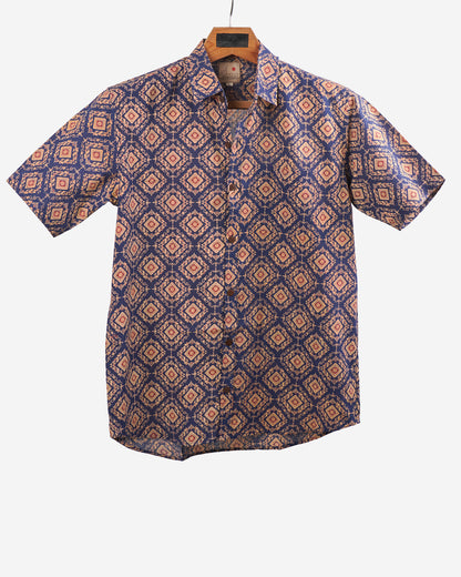 Hand Blockprinted Cotton Half Sleeve Shirt for Men - Regular Fit - Dark Blue