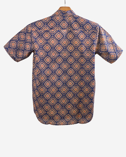 Hand Blockprinted Cotton Half Sleeve Shirt for Men - Regular Fit - Dark Blue