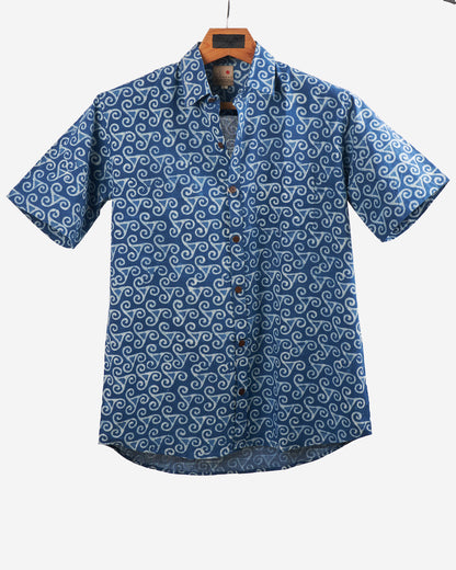 Hand Blockprinted Cotton Half Sleeve Shirt for Men - Regular Fit - Indigo Blue