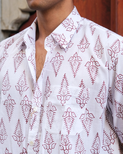 Hand Block printed Cotton Half Sleeve Shirt for Men - Regular Fit - White
