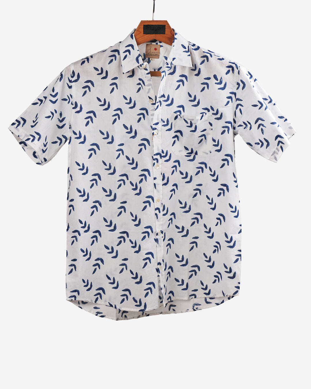 Hand Block printed Cotton Half Sleeve Shirt for Men - Regular Fit - White Blue Floral