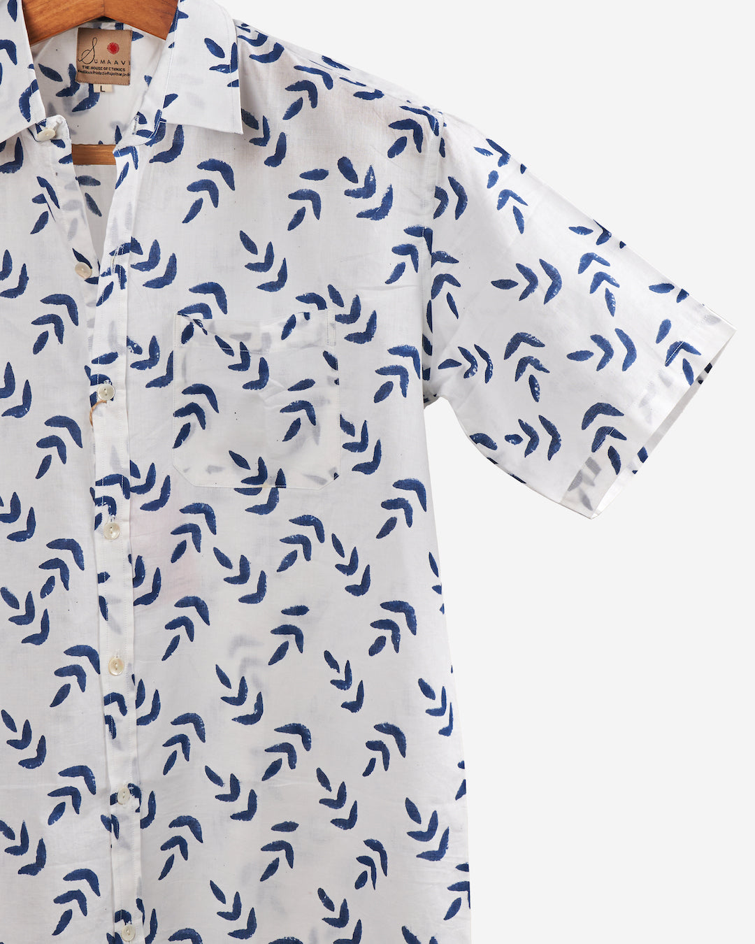 Hand Block printed Cotton Half Sleeve Shirt for Men - Regular Fit - White Blue Floral