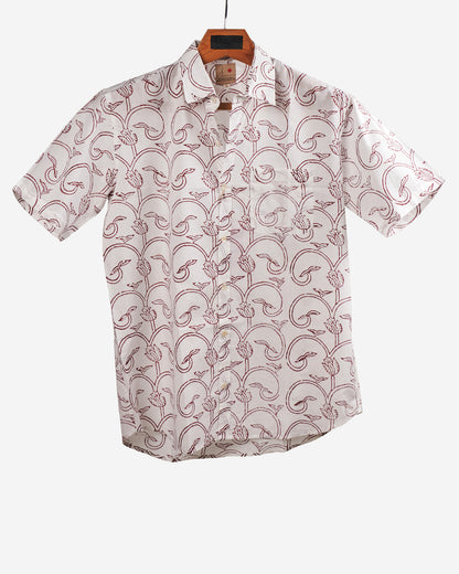 Hand Blockprinted Cotton Half Sleeve Shirt for Men - Regular Fit - White