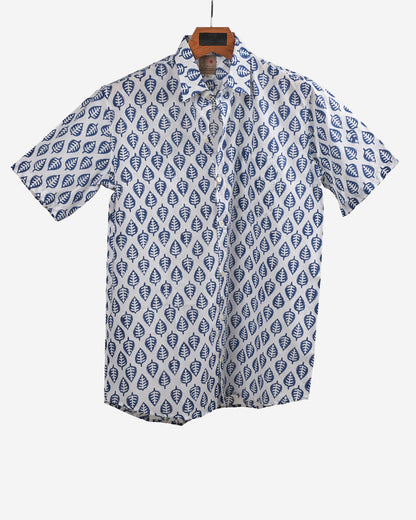 Hand Blockprinted Cotton Half Sleeve Shirt for Men - Regular Fit - White Blue Motifs