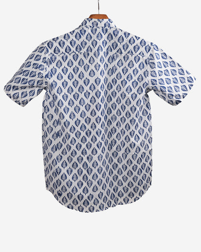Hand Blockprinted Cotton Half Sleeve Shirt for Men - Regular Fit - White Blue Motifs