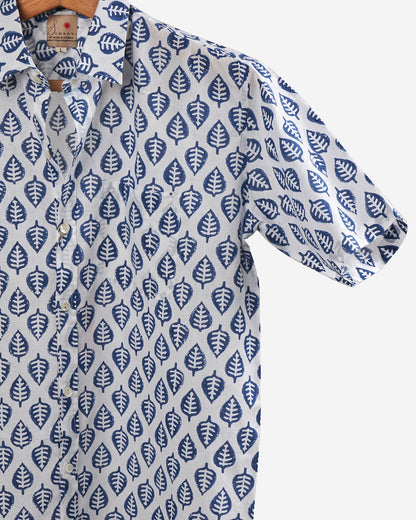 Hand Blockprinted Cotton Half Sleeve Shirt for Men - Regular Fit - White Blue Motifs