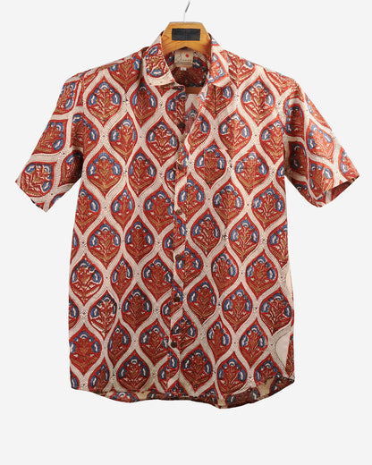 Hand Blockprinted Cotton Half Sleeve Shirt for Men - Regular Fit - Brown