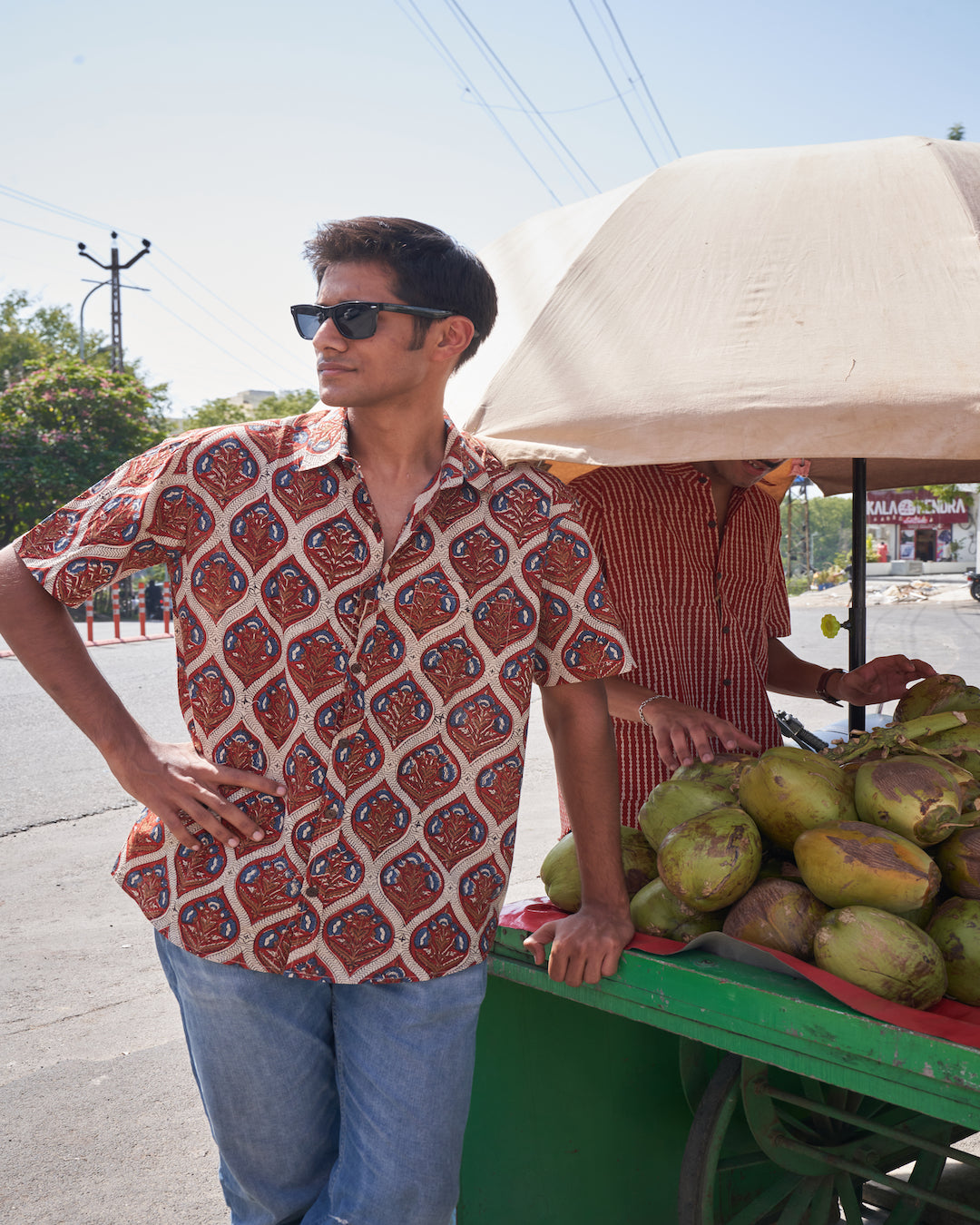 Hand Blockprinted Cotton Half Sleeve Shirt for Men - Regular Fit - Brown