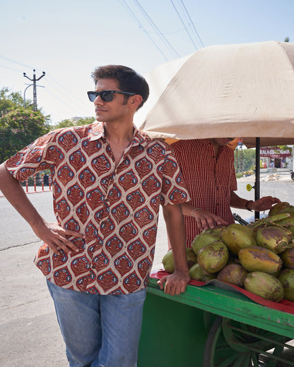 Hand Blockprinted Cotton Half Sleeve Shirt for Men - Regular Fit - Brown