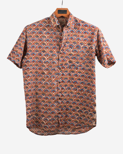 Hand Blockprinted Cotton Half Sleeve Shirt for Men - Regular Fit - Beige Blue motifs