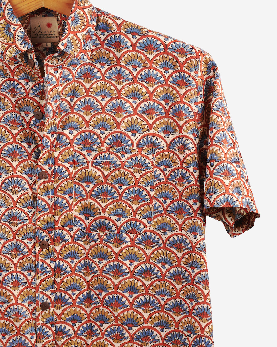 Hand Blockprinted Cotton Half Sleeve Shirt for Men - Regular Fit - Beige Blue motifs