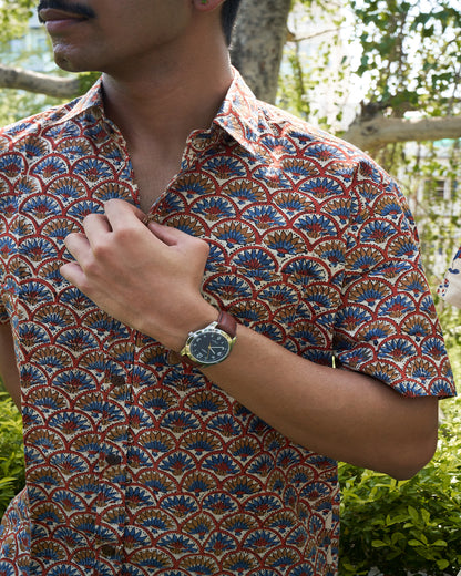 Hand Blockprinted Cotton Half Sleeve Shirt for Men - Regular Fit - Beige Blue motifs