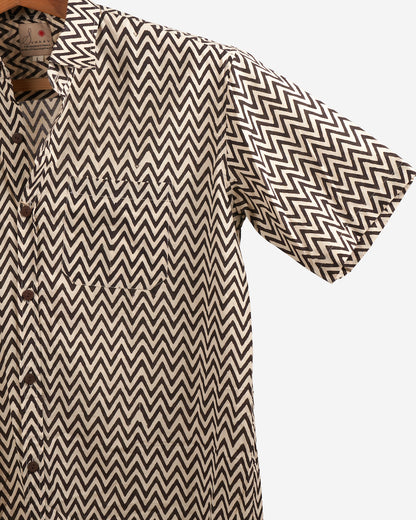 Hand Blockprinted Cotton Half Sleeve Shirt for Men - Regular Fit - Cream Black Chevron