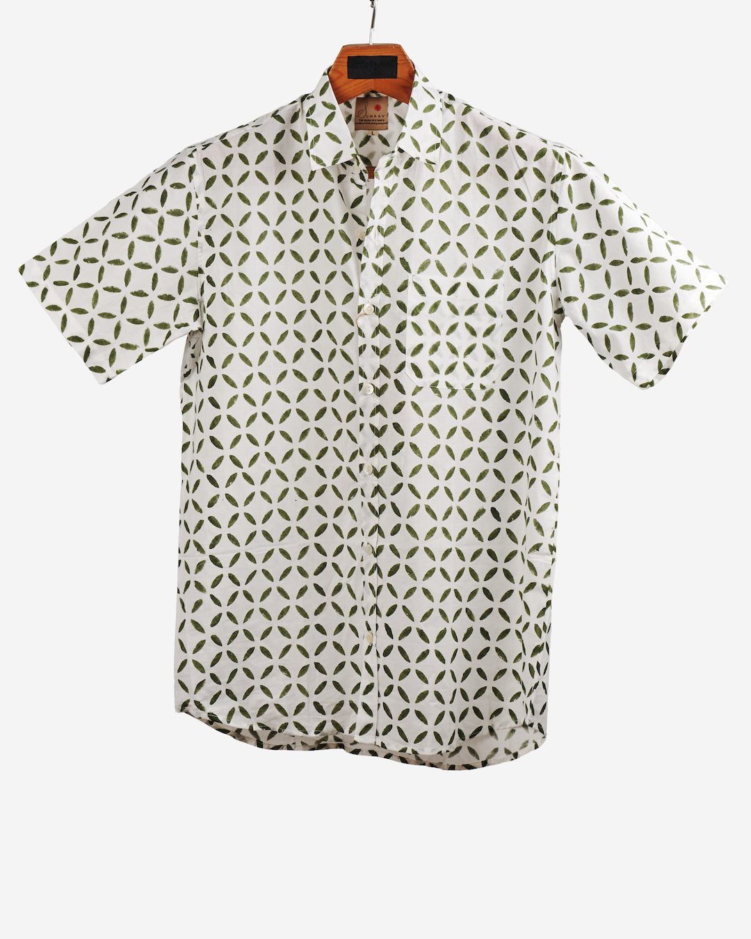 Hand Blockprinted Cotton Half Sleeve Shirt for Men - Regular Fit - White Green Motifs