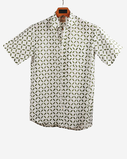 Hand Blockprinted Cotton Half Sleeve Shirt for Men - Regular Fit - White Green Motifs