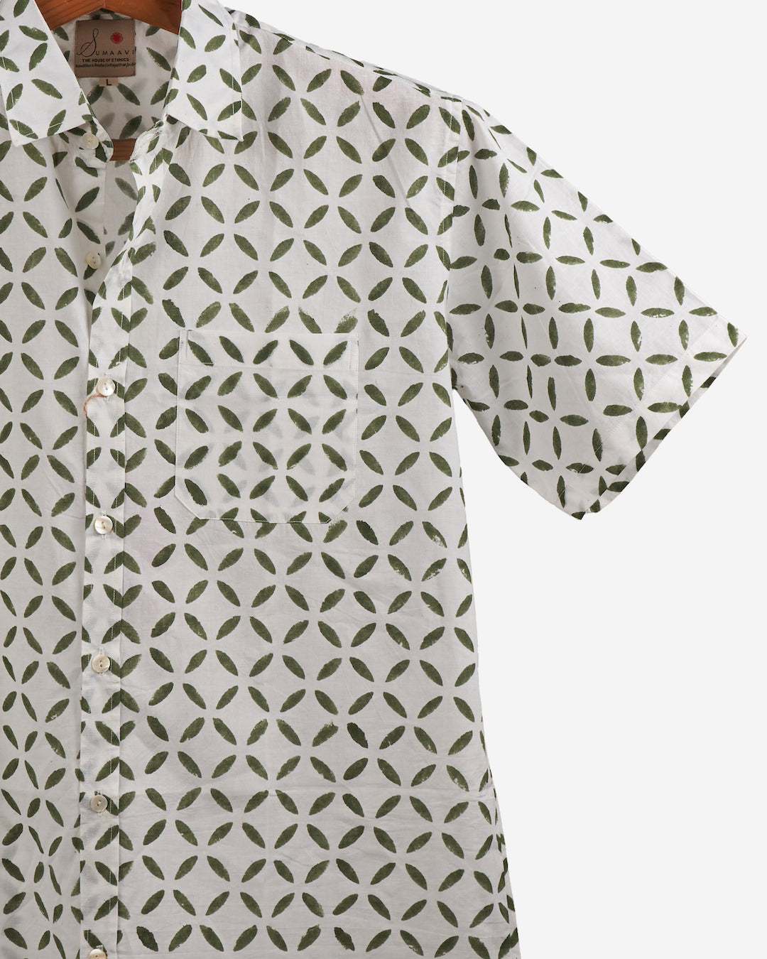 Hand Blockprinted Cotton Half Sleeve Shirt for Men - Regular Fit - White Green Motifs