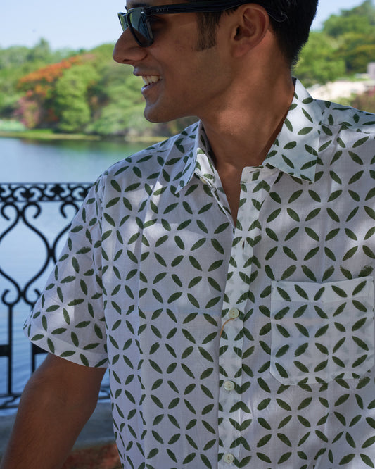 Hand Blockprinted Cotton Half Sleeve Shirt for Men - Regular Fit - White Green Motifs