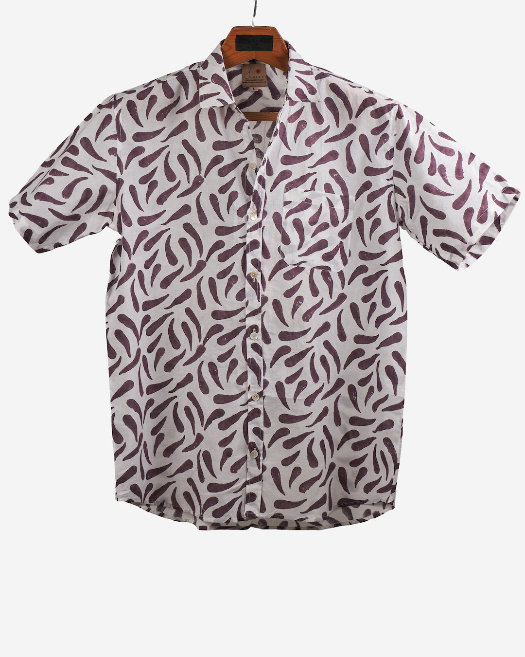 Hand Blockprinted Cotton Half Sleeve Shirt for Men - Regular Fit - White Purple