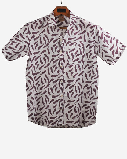 Hand Blockprinted Cotton Half Sleeve Shirt for Men - Regular Fit - White Purple