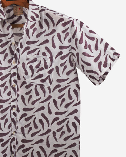 Hand Blockprinted Cotton Half Sleeve Shirt for Men - Regular Fit - White Purple
