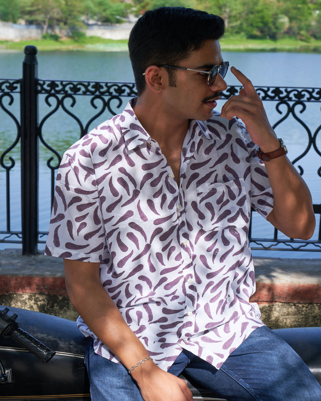 Hand Blockprinted Cotton Half Sleeve Shirt for Men - Regular Fit - White Purple